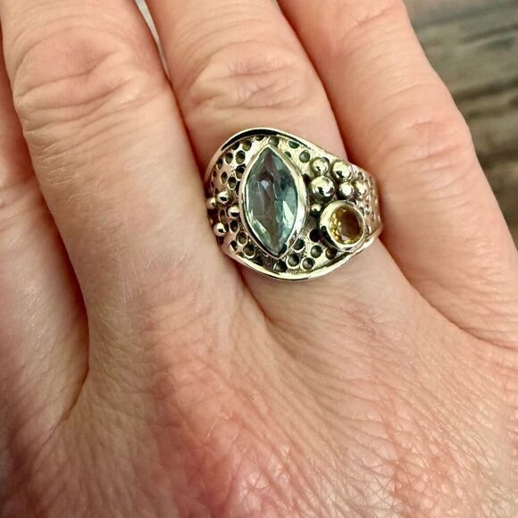 Natural Blue Topaz And Citrine Sterling Silver Ring Marquise Cut Bali Framed 7 - Picture 7 of 7